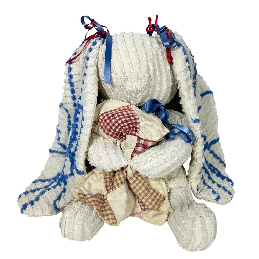 Chenille Handmade Large Eared Vintage Bunny Rabbit w/Quilted Blanket-READ